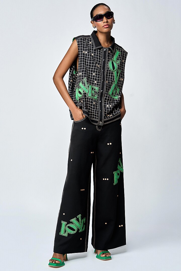 Black Double Crepe Checkered Co-Ord Set by Shahin Mannan at Pernia's Pop Up Shop