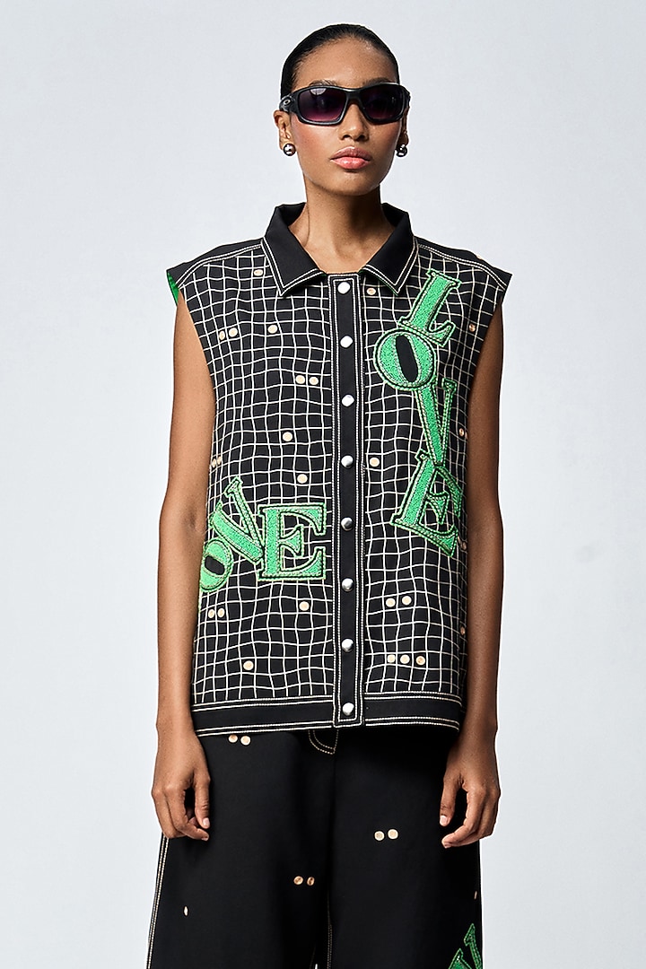 Black Double Crepe Checkered Vest by Shahin Mannan at Pernia's Pop Up Shop