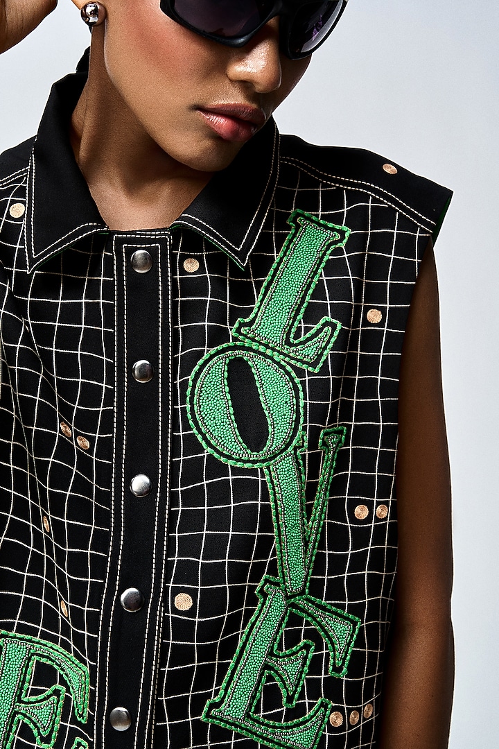 Black Double Crepe Checkered Vest by Shahin Mannan at Pernia's Pop Up Shop