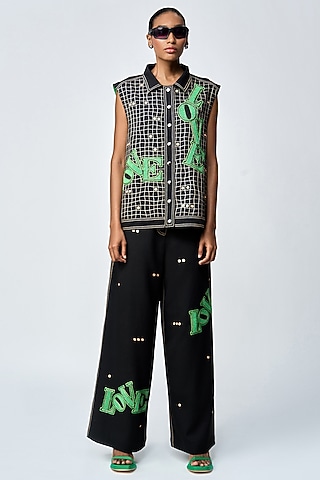 Black Double Crepe Checkered Flared Pants by Shahin Mannan