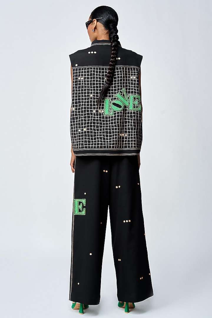 Black Double Crepe Checkered Flared Pants by Shahin Mannan at Pernia's Pop Up Shop