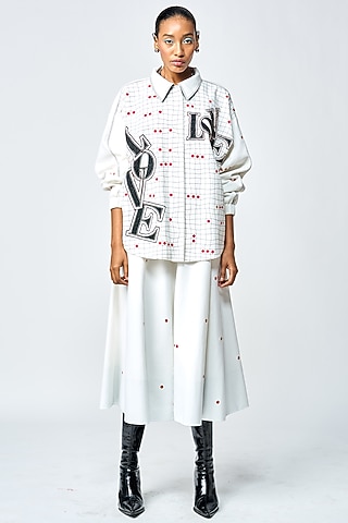White Gabardine Checkered Skirt Set by Shahin Mannan