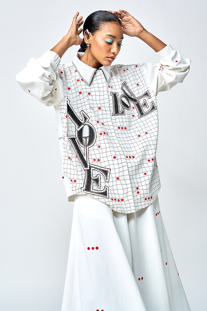 White Gabardine Checkered Oversized Jacket by Shahin Mannan at Pernia's Pop Up Shop