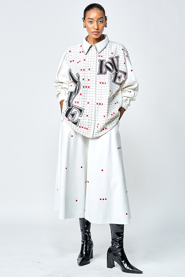 White Gabardine Checkered Circular Skirt by Shahin Mannan at Pernia's Pop Up Shop