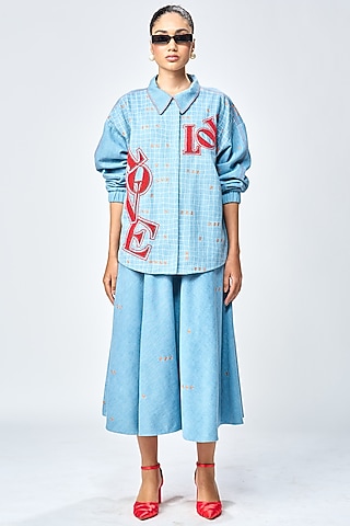 River Blue Denim Checkered Circular Skirt Set by Shahin Mannan
