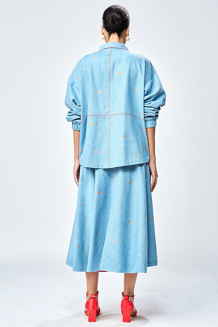 River Blue Denim Checkered Circular Skirt Set by Shahin Mannan at Pernia's Pop Up Shop