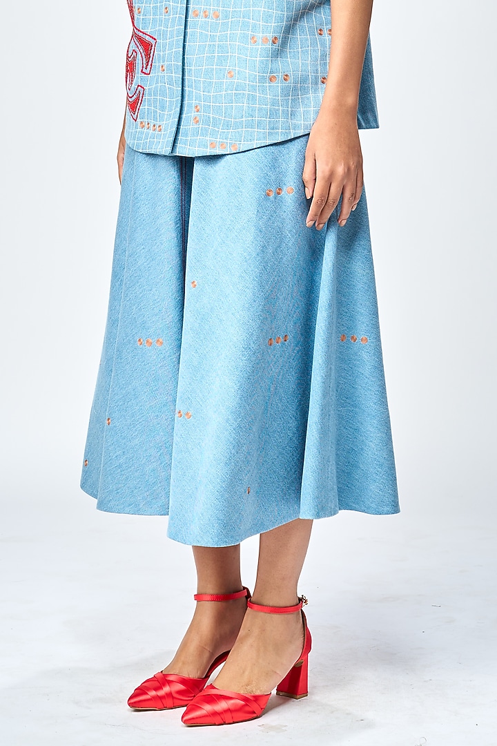 River Blue Denim Checkered Circular Skirt Set by Shahin Mannan at Pernia's Pop Up Shop