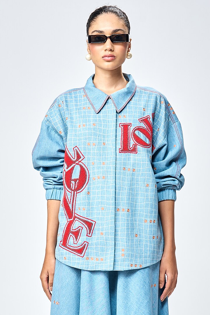 River Blue Denim Checkered Circular Skirt Set by Shahin Mannan at Pernia's Pop Up Shop