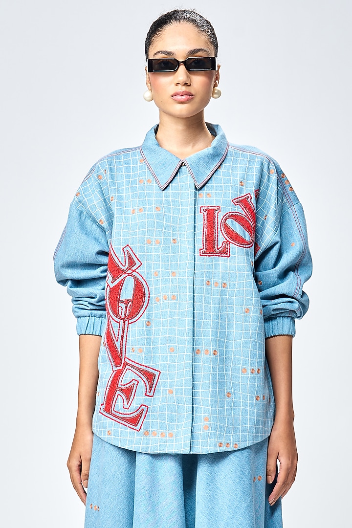 River Blue Denim Checkered Jacket by Shahin Mannan at Pernia's Pop Up Shop