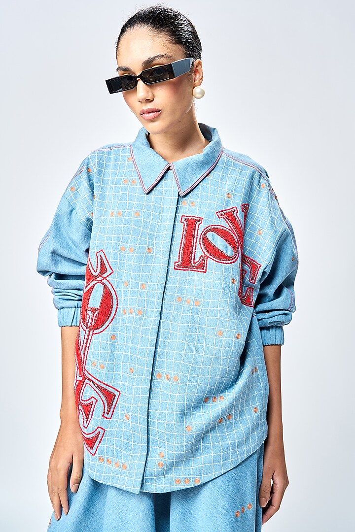 River Blue Denim Checkered Jacket by Shahin Mannan at Pernia's Pop Up Shop
