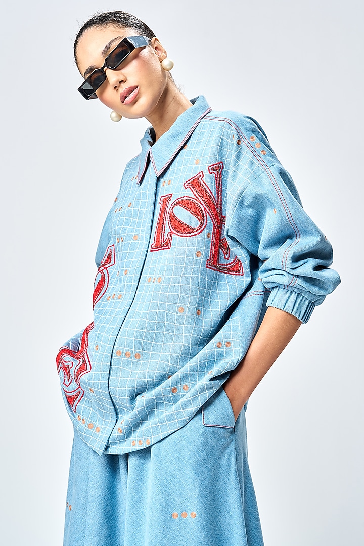 River Blue Denim Checkered Jacket by Shahin Mannan at Pernia's Pop Up Shop