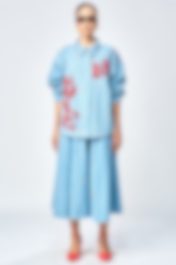 River Blue Denim Checkered Circular Skirt by Shahin Mannan at Pernia's Pop Up Shop