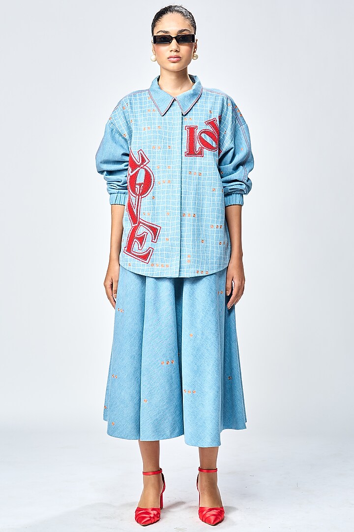 River Blue Denim Checkered Circular Skirt by Shahin Mannan at Pernia's Pop Up Shop