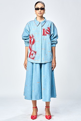 River Blue Denim Checkered Circular Skirt by Shahin Mannan