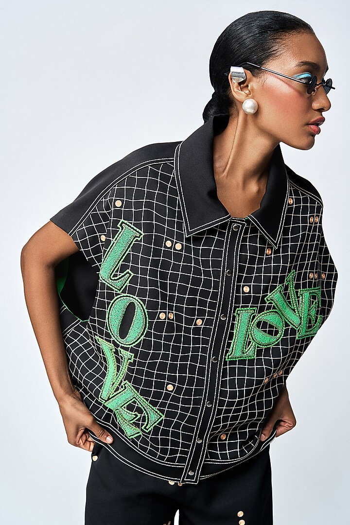 Black Double Crepe Checkered Co-Ord Set by Shahin Mannan at Pernia's Pop Up Shop
