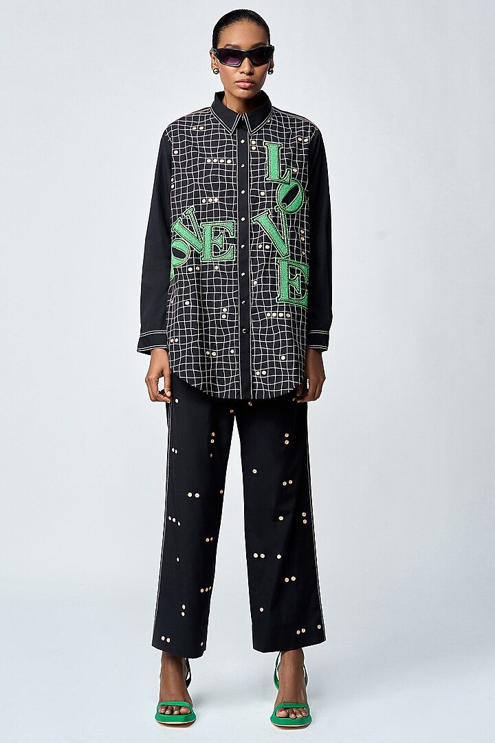 Black Double Crepe Checkered Oversized Shirt by Shahin Mannan at Pernia's Pop Up Shop