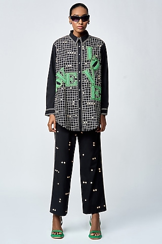 Black Double Crepe Checkered Oversized Shirt by Shahin Mannan