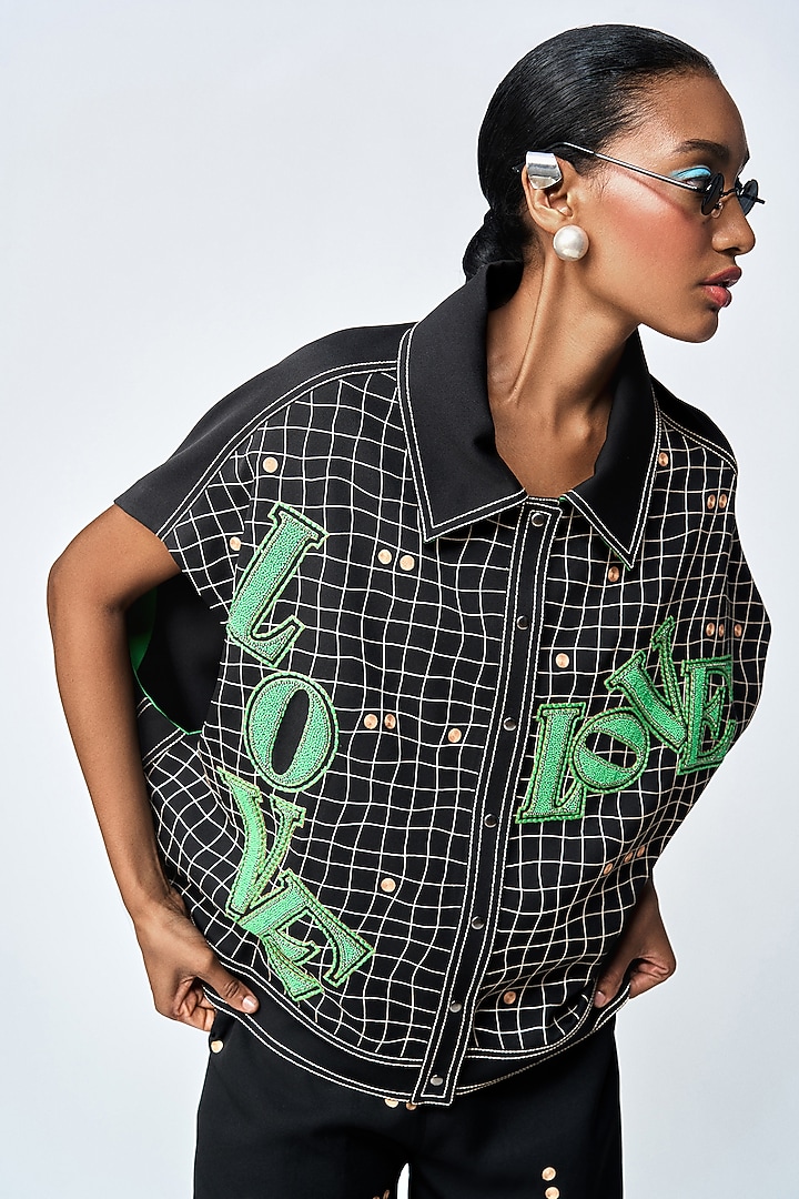 Black Double Crepe Checkered Oversized Shirt by Shahin Mannan at Pernia's Pop Up Shop