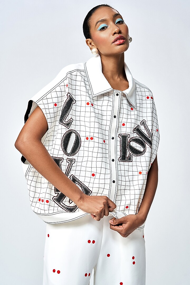 Ivory Double Crepe Checkered Oversized Jacket by Shahin Mannan at Pernia's Pop Up Shop
