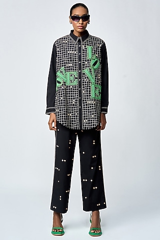 Black Poplin Love Checkered Shirt by Shahin Mannan