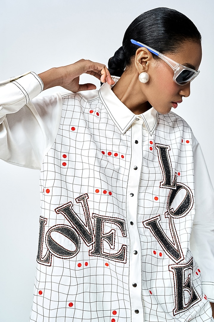 Ivory Poplin Love Checkered Shirt by Shahin Mannan at Pernia's Pop Up Shop