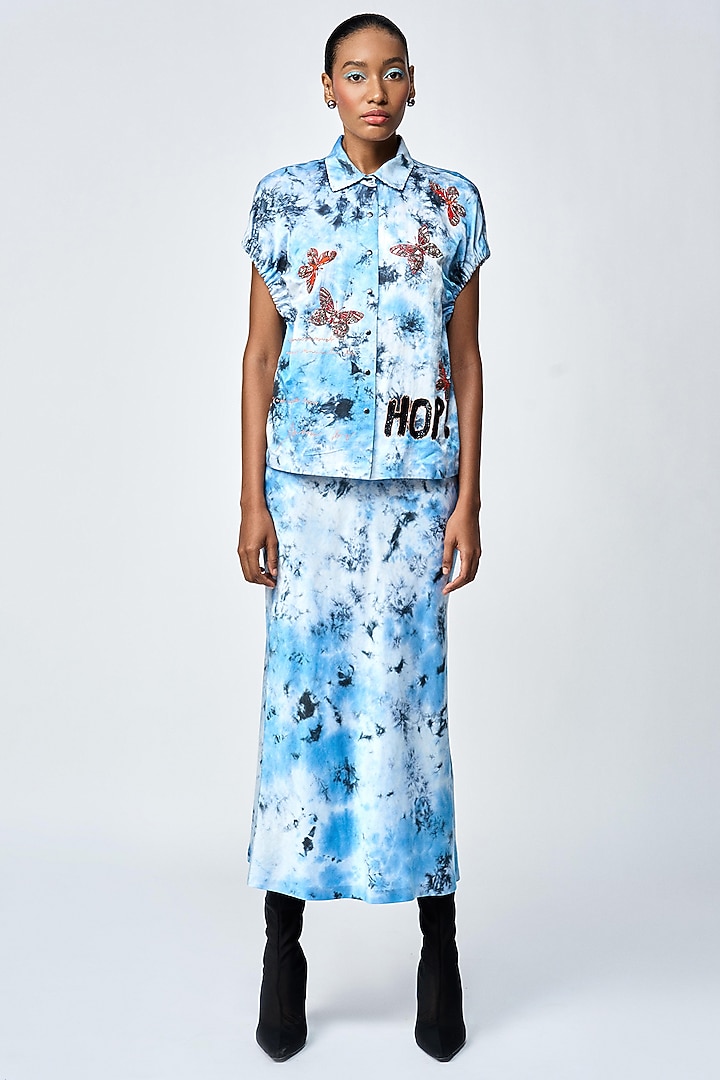 Blue Tie-Dye Satin Silk Skirt Set by Shahin Mannan at Pernia's Pop Up Shop