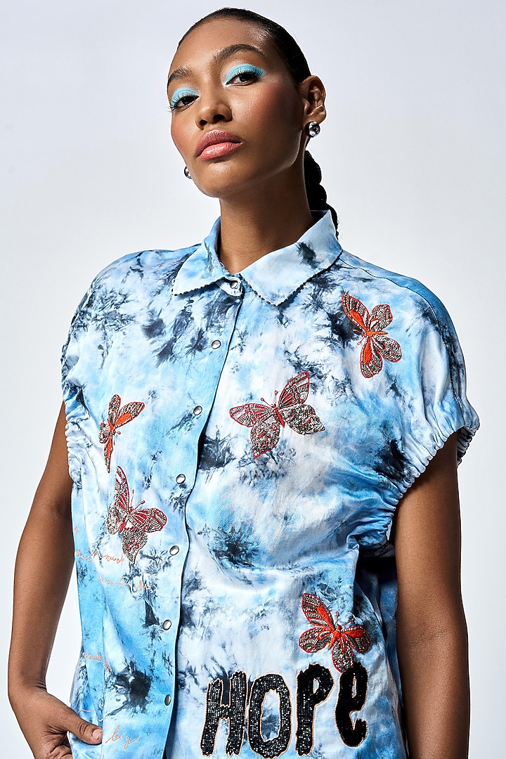 Blue Tie-Dye Satin Silk Skirt Set by Shahin Mannan at Pernia's Pop Up Shop