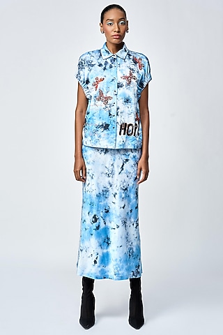 Blue Tie-Dye Satin Silk Elasticated Top by Shahin Mannan