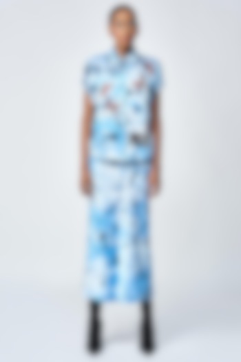 Blue Tie-Dye Satin Silk Pencil Skirt by Shahin Mannan at Pernia's Pop Up Shop