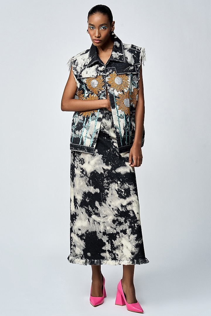 Grey Cloud Wash Thick Denim Sunflower Pencil Skirt Set by Shahin Mannan at Pernia's Pop Up Shop