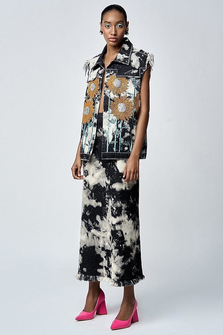 Grey Cloud Wash Thick Denim Sunflower Pencil Skirt Set by Shahin Mannan at Pernia's Pop Up Shop