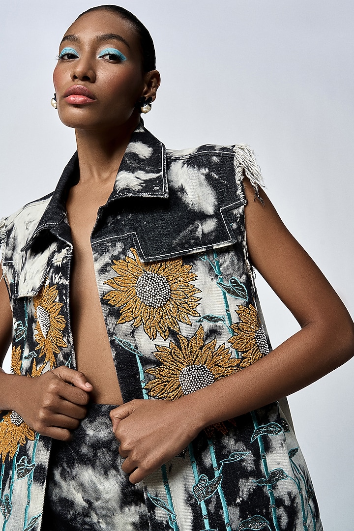 Grey Cloud Wash Thick Denim Sunflower Vest by Shahin Mannan at Pernia's Pop Up Shop