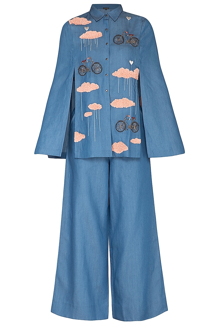 Sky Blue Embroidered Cape With Pants by Shahin Mannan