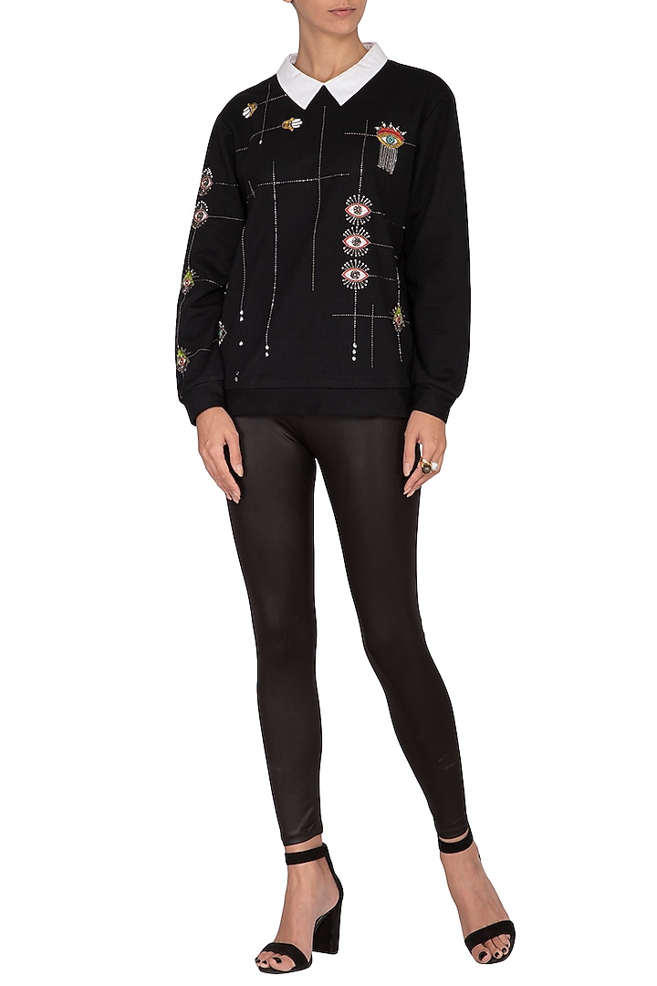 Black Embroidered Sweatshirt by Shahin Mannan at Pernia's Pop Up Shop