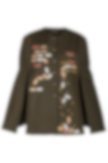 Olive Green Embroidered Cape by Shahin Mannan