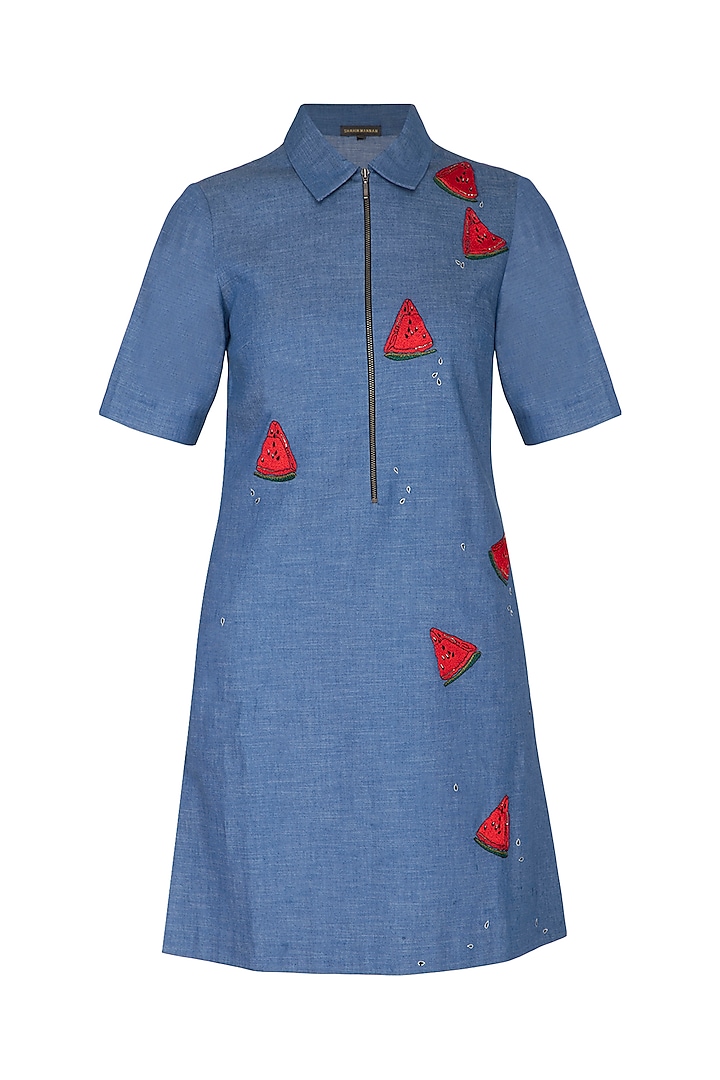 Sky Blue Embroidered T-Shirt Dress by Shahin Mannan