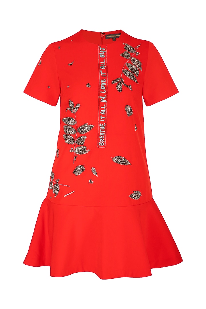 Red Embroidered Mini Vacation Dress by Shahin Mannan at Pernia's Pop Up Shop