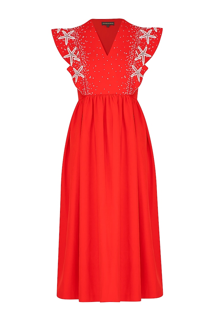 Red Embroidered Midi Dress by Shahin Mannan at Pernia's Pop Up Shop