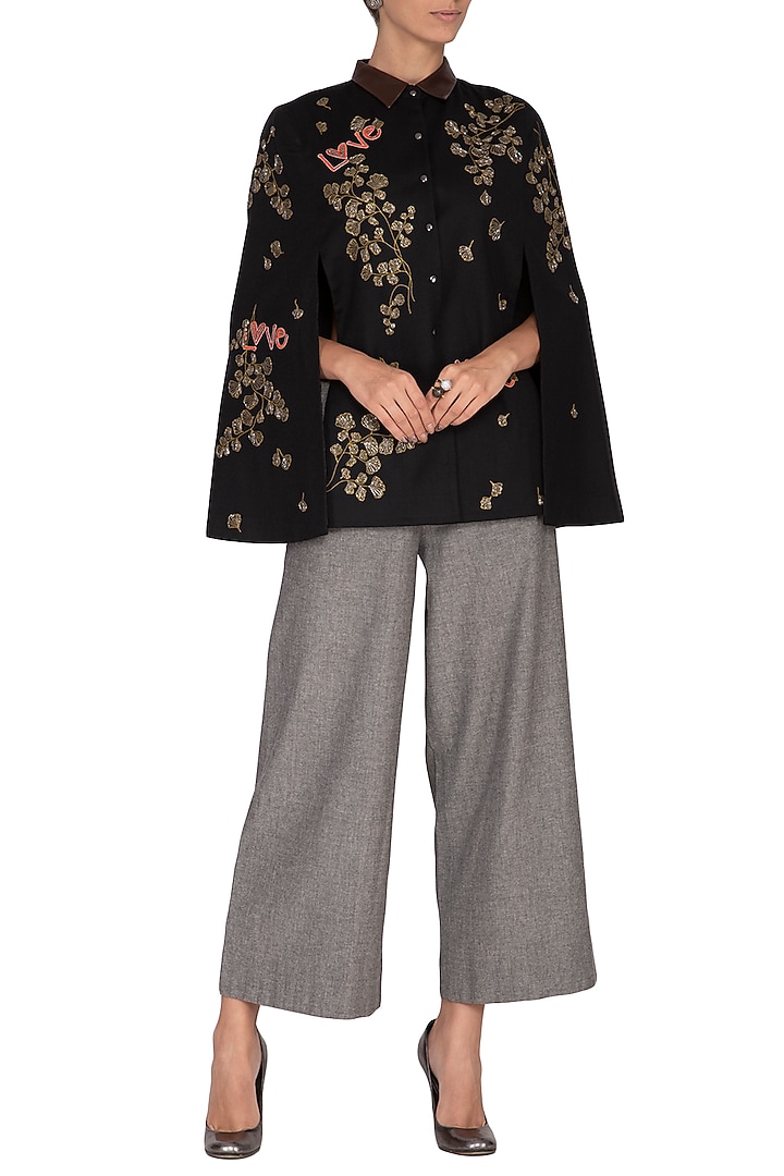 Black Embroidered Woolen Cape by Shahin Mannan at Pernia's Pop Up Shop