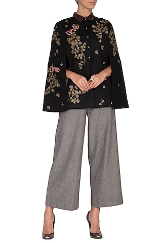 Black Embroidered Woolen Cape by Shahin Mannan