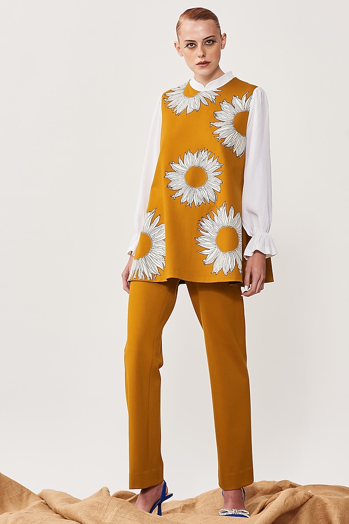 Mustard Embroidered Flared Top by Shahin Mannan