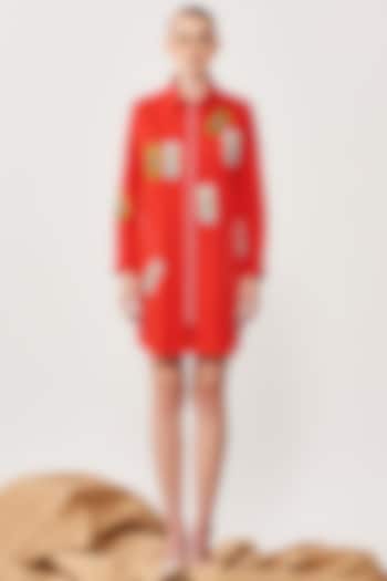 Red Embroidered Overshirt by Shahin Mannan