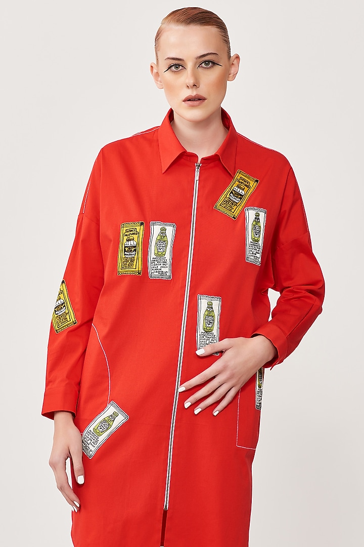 Red Embroidered Overshirt by Shahin Mannan at Pernia's Pop Up Shop