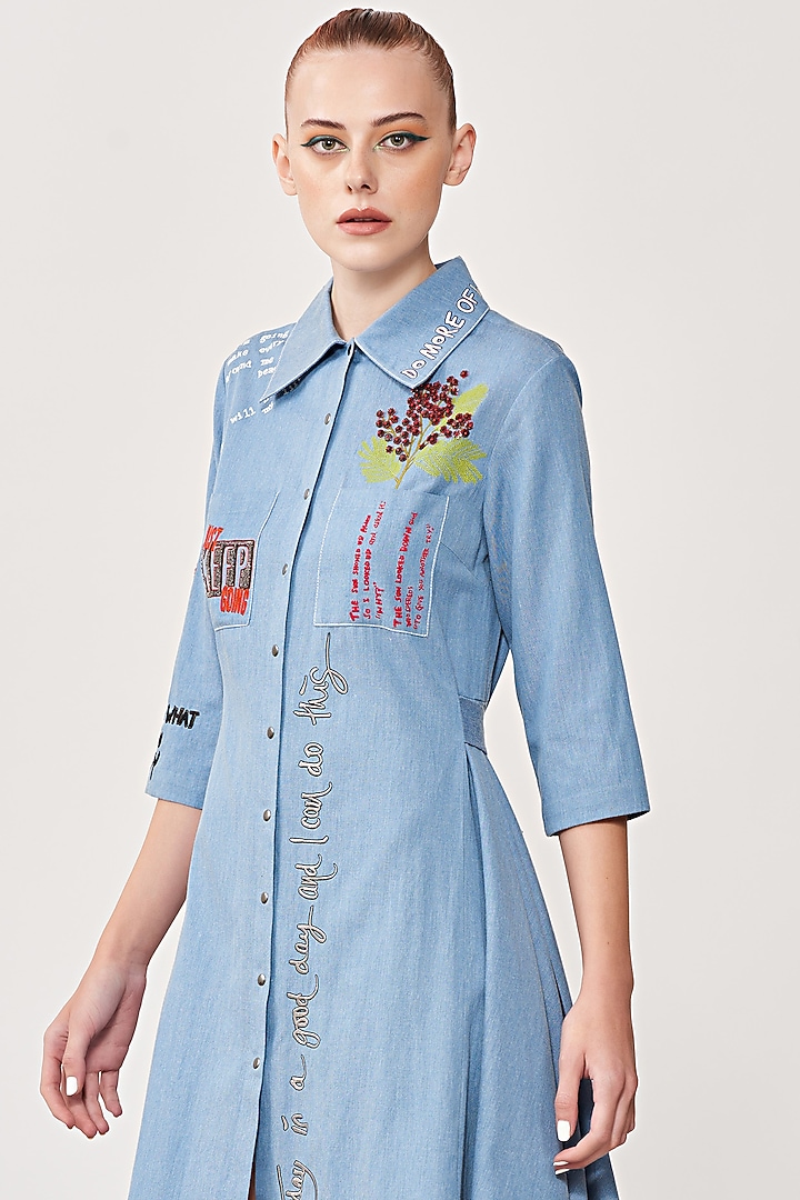 Stone Blue Embroidered Mini Cocktail Dress by Shahin Mannan at Pernia's Pop Up Shop