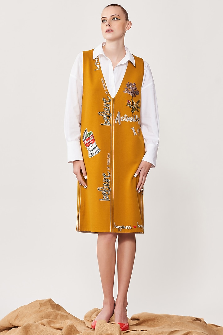 Mustard Embroidered Shift Cocktail Dress by Shahin Mannan at Pernia's Pop Up Shop