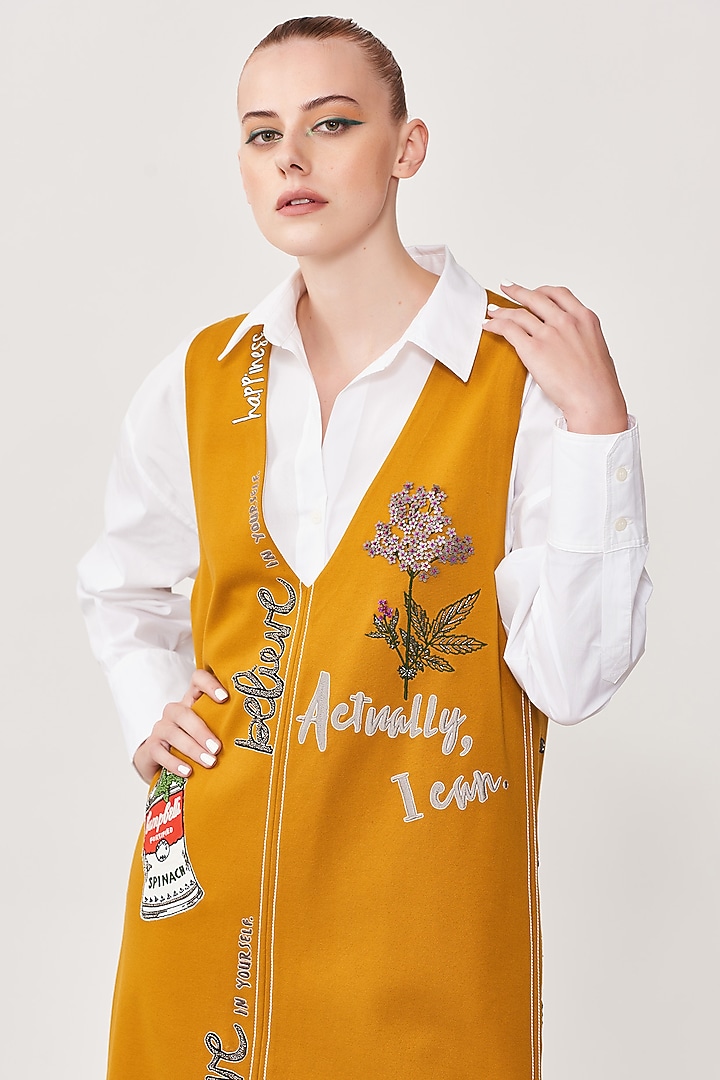 Mustard Embroidered Shift Cocktail Dress by Shahin Mannan at Pernia's Pop Up Shop