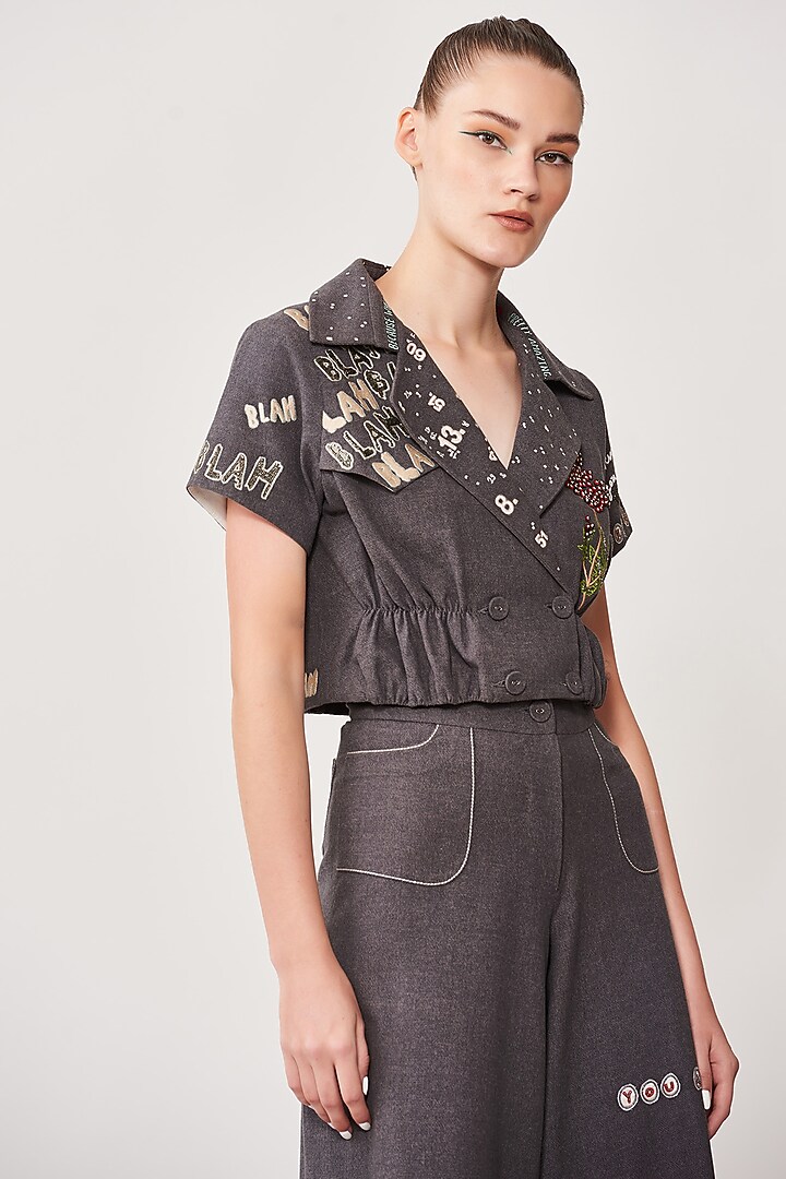 Grey Embroidered Short Jacket by Shahin Mannan at Pernia's Pop Up Shop