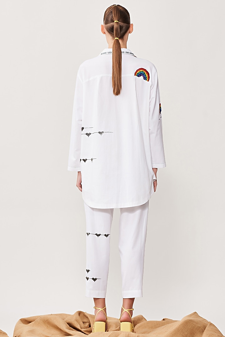 White Soft Poplin Embroidered Pant Set by Shahin Mannan at Pernia's Pop Up Shop