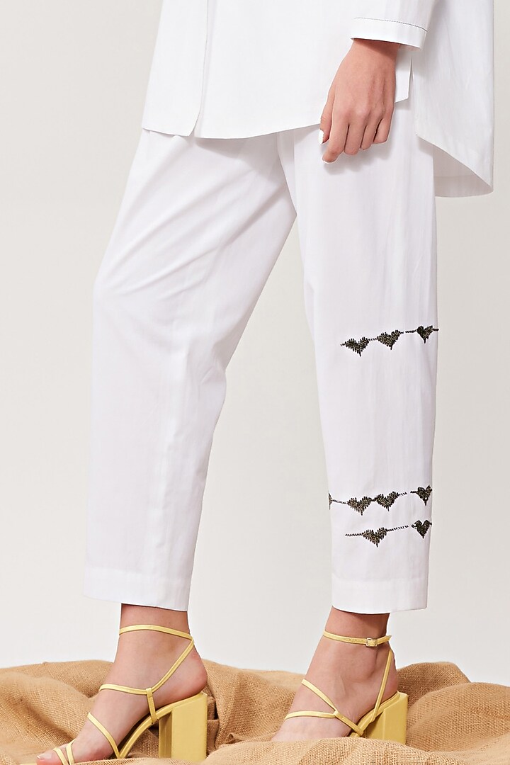 White Soft Poplin Embroidered Pant Set by Shahin Mannan at Pernia's Pop Up Shop