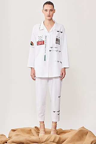 White Embroidered Pants by Shahin Mannan